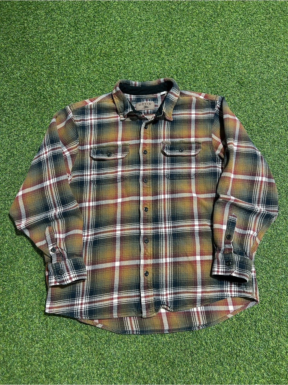 Mens Orvis Plaid Striped Lined Flannel Shirt